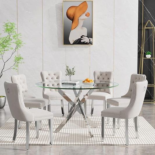 Goujxcy Round Dining Table Set for 6, Modern Glass Kitchen Table and Chairs Set of 6, 7-Piece Dining Room Table Set w/47 Circle Silver Glass Dining Table and 6 Upholstered Velvet Chairs