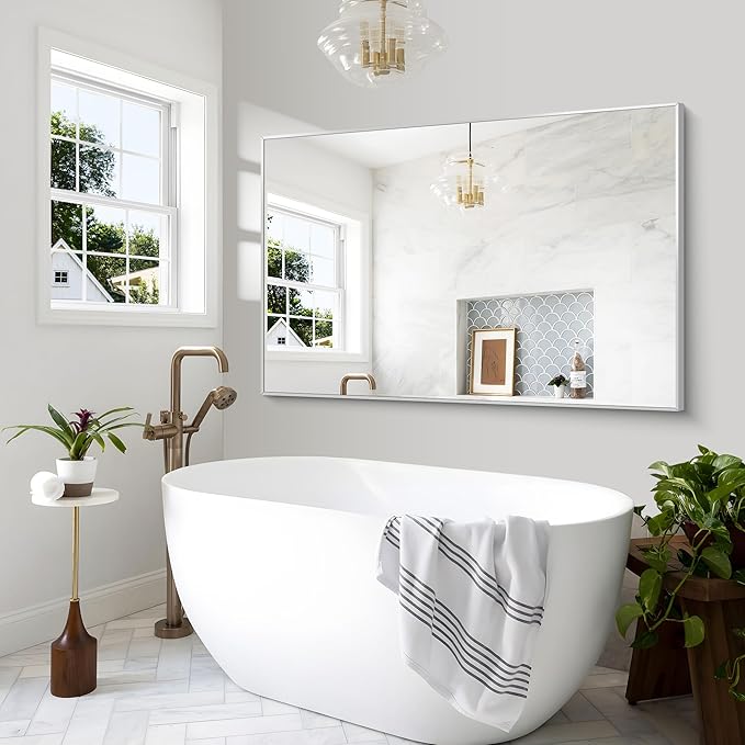 BONEWEI Silver Bathroom Mirror,60x40 inch Wall Mirror for Bathroom Wall Mounted,Large Rectangle Mirror for Bathroom Over Sink,Modern Metal Frame for Living Room,Bedroom Entryway,Horizontal/Vertical