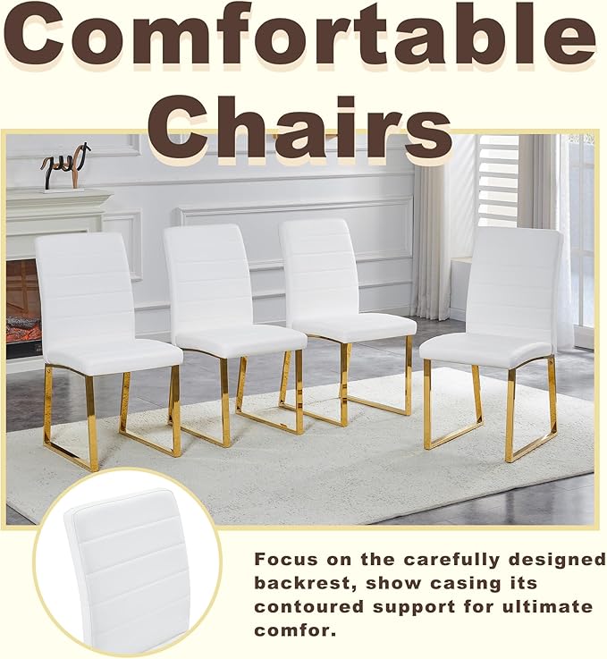 Modern Dining Chairs Set of 6, White Faux Leather Kitchen Chairs, Upholstered Armless Dining Room Chair with Gold Mental Legs Heavy Duty, Comfortable (White and Gold, Set of 6)