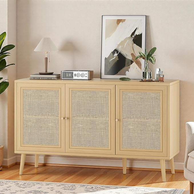 47" Rattan-Door Sideboard Cabinet with Shelf, 3-Door TV Stand Credenza Buffet with Generous Storage, Modern Accent Cabinet for Living Room & Kitchen, Natural Oak
