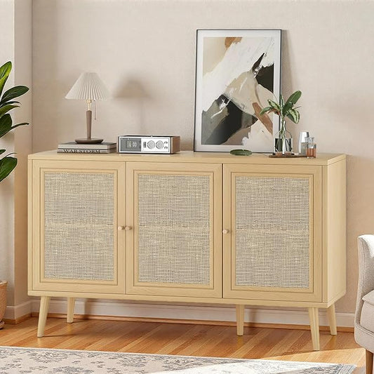 47" Rattan-Door Sideboard Cabinet with Shelf, 3-Door TV Stand Credenza Buffet with Generous Storage, Modern Accent Cabinet for Living Room & Kitchen, Natural Oak