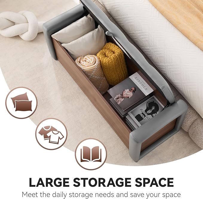 48" Large Storage Ottoman Bench, Faux Leather Upholstered Bed Bench with Button Tufted, End of Bed Ottoman with Safety Hinge for Bedroom, Living Room, Window，or Entryway, Drak Grey Shoe Storage Chest