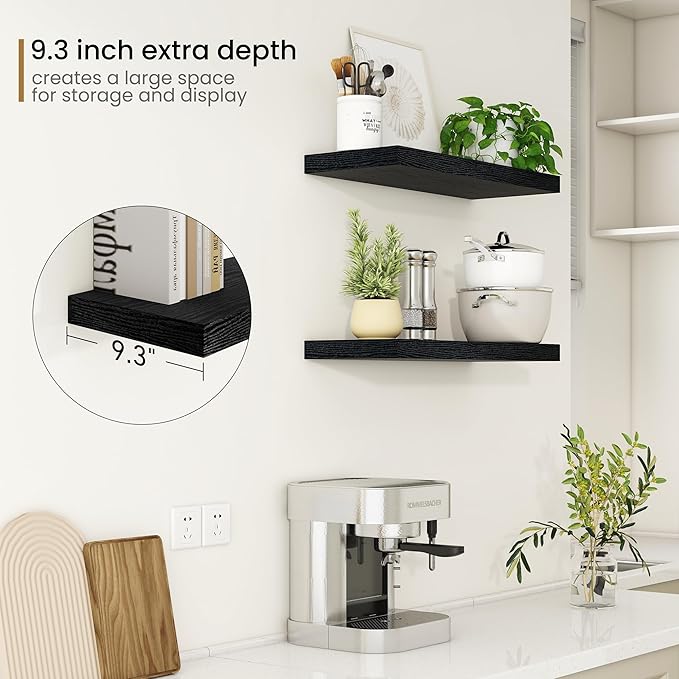 Fun Memories Floating Shelves - 2 Pack 9.3 Inch Deep Rustic Wooden Wall Shelves - Wall Mounted Storage Shelf with Invisible Brackets, 24" W x 9" D x 1.6" H - Black