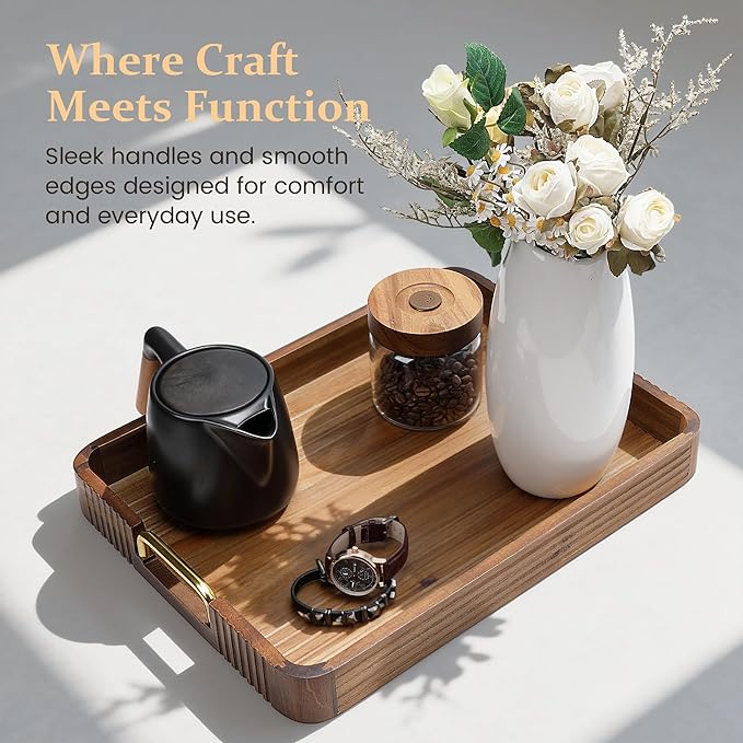 Acacia Wood Serving Tray with Metal Handles – 17x12in Rustic Decorative Ottoman & Coffee Table Tray for Breakfast in Bed, Dinner, Bar, Kitchen, Home Décor & Entertaining