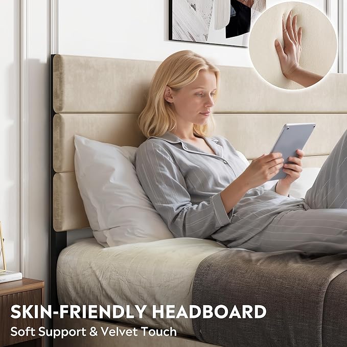 WLIVE King Size Upholstered Bed Frame with 4 Drawers and Velvet Square Tufted Headboard, Sturdy Metal & Wooden Slats Support, No Box Spring Needed, Easy Assembly, Beige