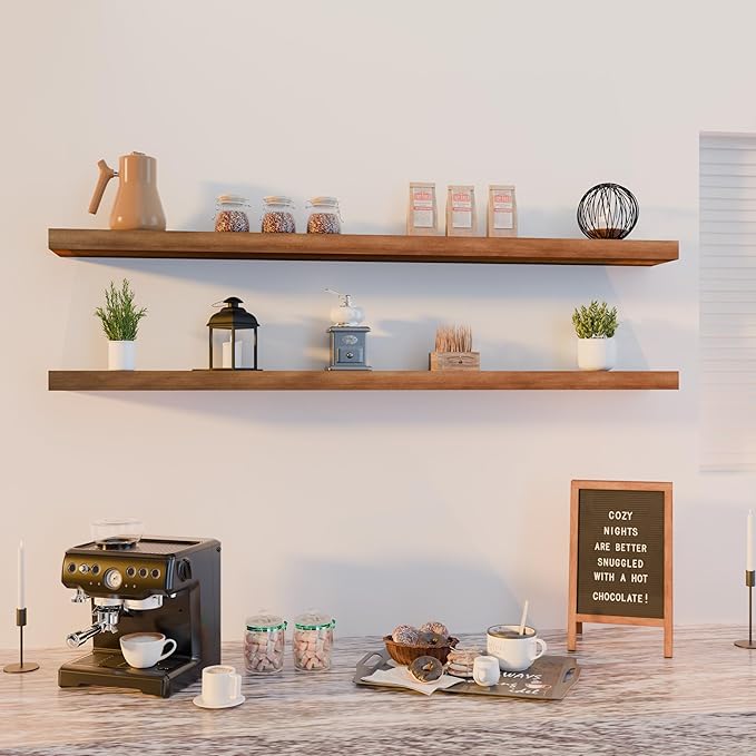 foxsky 72 Inch Solid Pine Wood Floating Shelves for Wall with Hidden Brackets, Rustic Farmhouse Wall Mounted Shelf for Bathroom, Living Room, Bedroom, Kitchen, Office Decor (Walnut)