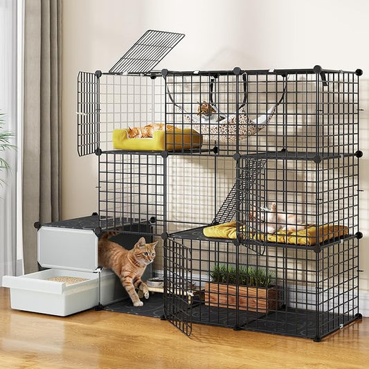 YITAHOME 3-Tier Cat Cage with Litter Box: Kittens Cat House Indoor Multi-Level Cat Enclosure for 1-3 Small Cats, Black