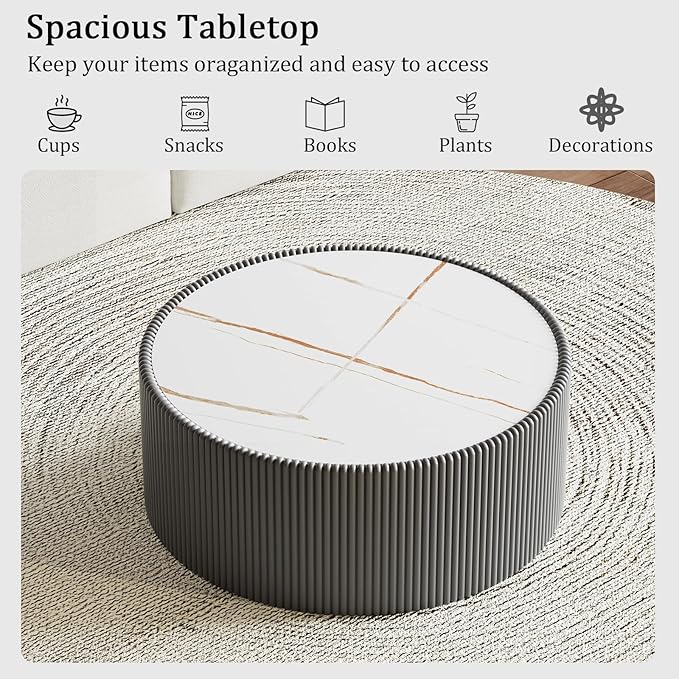 Round Coffee Table Set with Sintered Stone Tabletop, 29.52" Grey Drum Center Table and 17.71" White Coffee Table Set, 2 Pieces Living Room Table Set with Fluted PU Leather Cover& Stable Base