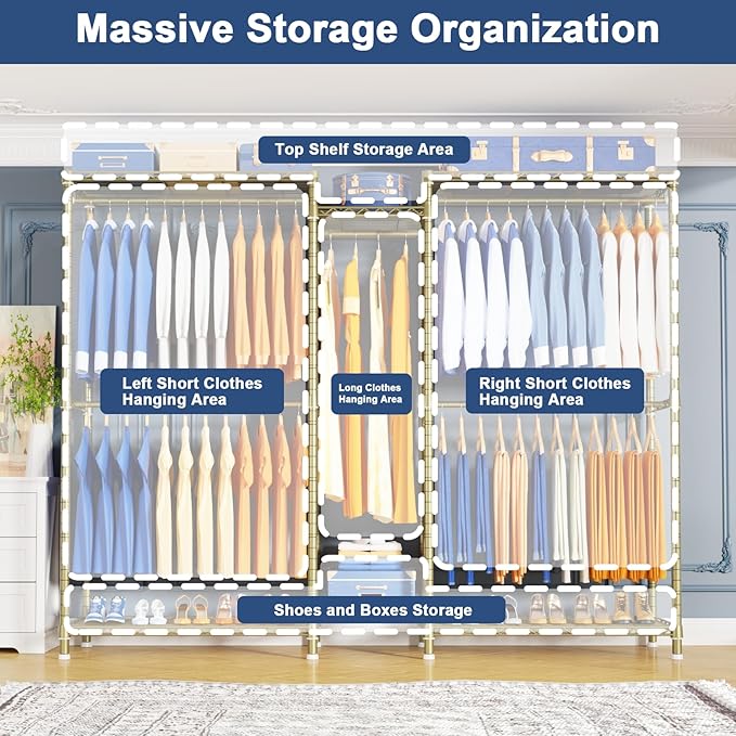Ulif E12 Clothes Rack，Heavy Duty Freestanding Garment Rack with Shelves，Metal Clothing Closet Storage System for Hanging Clothes，71" W x 16" D x 76.5" H, Hold 960 lbs，Gold