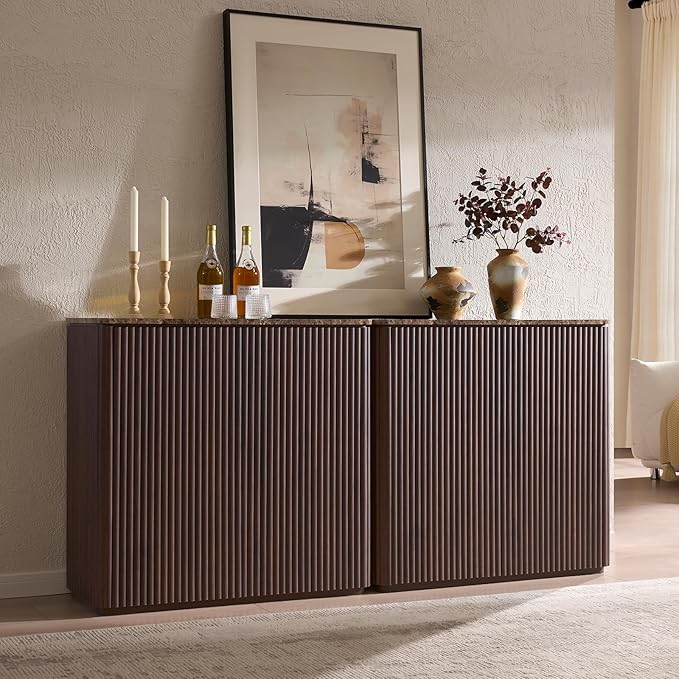 Fluted 2 Doors Sideboard Cabinet with Storage-Wooden Credenza w/Shelves, Faux Marble-Top Coffee Bar Console Table, Modern Buffet Cabinet for Dining, Kitchen, Living Room, Entryway, Dark Oak, 2pcs