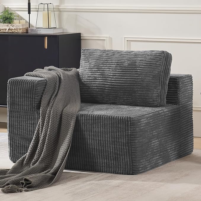 40" Modular Sectional Sofa, Upholstered Floor Sofa Couch with Pillow, Bean Bag Chair for Bedroom Living Room, No Assembly Required (Plush Corduroy Fabric, Grey)