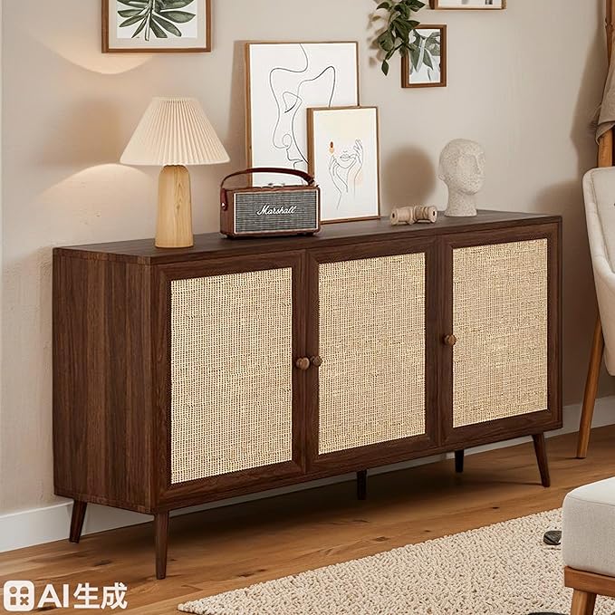 59" Rattan-Door Sideboard Cabinet with Shelf, 3-Door TV Stand Credenza Buffet with Generous Storage, Modern Accent Cabinet for Living Room & Kitchen, Walnut