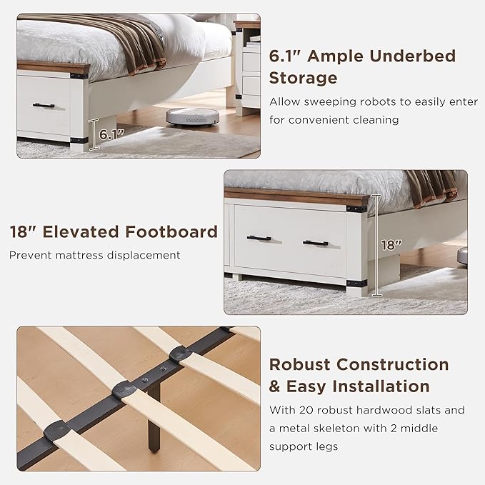 T4TREAM Farmhouse Queen Size Bed Frame with 54" Tall Geometric Headboard & 2 Large Storage Drawers, Rustic Wood Platform Bed with Wood Slats Support, No Box Spring Needed, Antique White