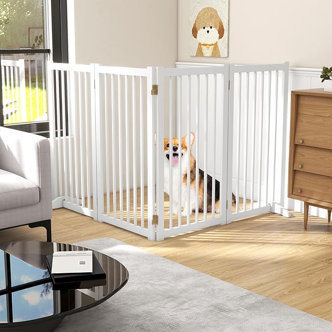 36" H Freestanding Pet Gate, Solid Wood Foldable Dog Gate with Support Feet, Wooden Tall Dog Gate for Doorway, Stairs & Indoor Use, 60" Wide Expandable Pet Fence, 4 Panels, White