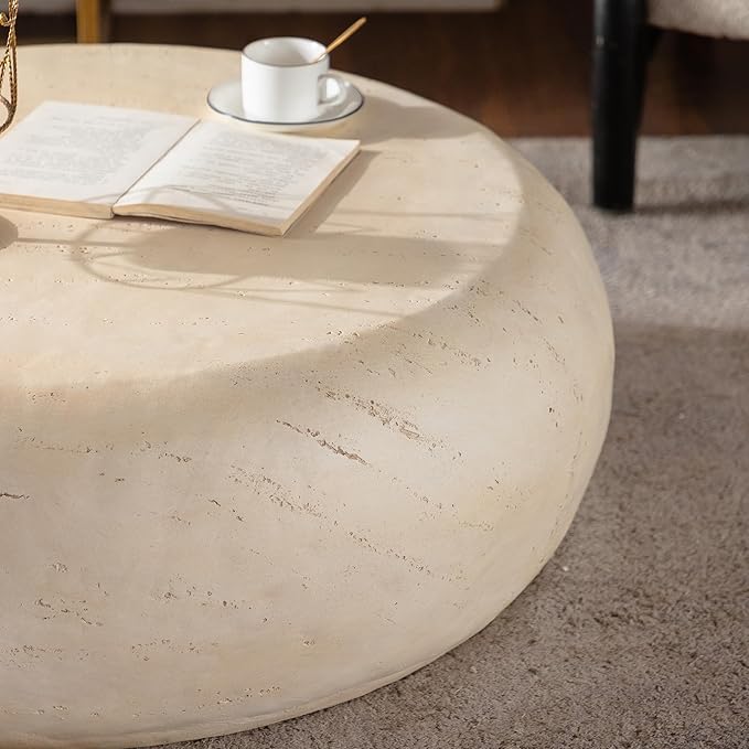 35.43" MgO Round Centre Coffee Table Vintage Faux Stone Sofa Pre-Modern Coffee Tables for Living Room Office Apartment,Beige