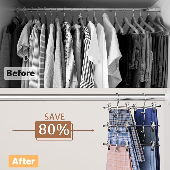Pants Hangers Space Saving,Stackable Skirt Hangers with Clips, Hanging Closet Organizer and Storage,Clothes Hangers, College Dorm Essentials Apartment Essentials- 16 Pack