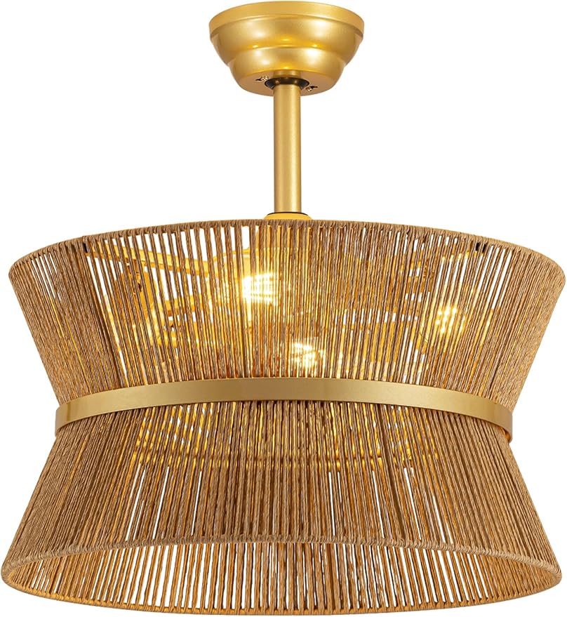 Boho Fandelier Ceiling Fan with Light and Remote Rattan Chandelier Fan Gold Caged Ceiling Fan with Light for Bedroom, Living Room Nursery Foyer Kitchen（6 Speed, Timing Adjustable Height）