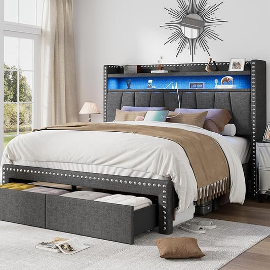 Full Size Bed Frame with Storage Headboard and Drawers Modern Rivets Upholstered Bed Frame with LED Charging Station Full Bedframe No Box Spring Needed