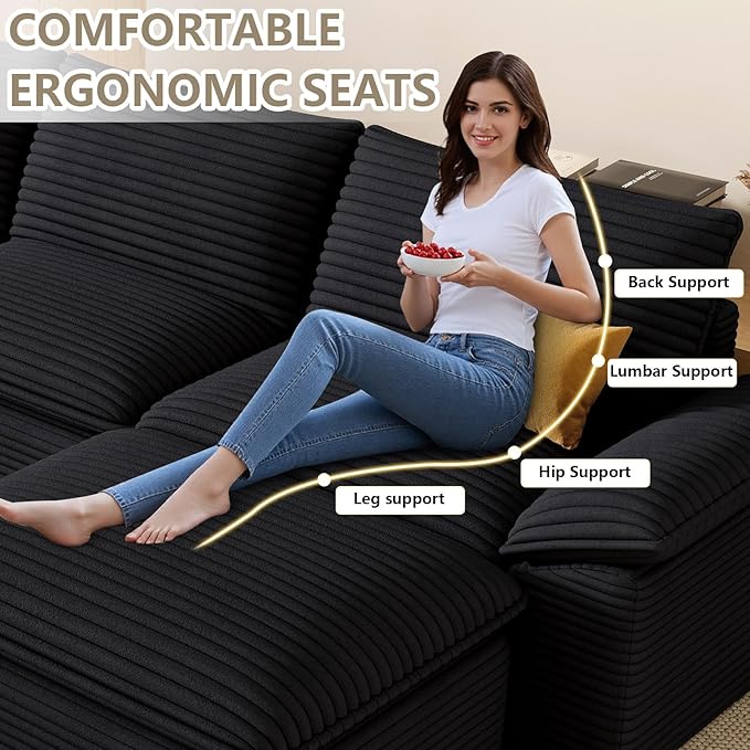 142" Cloud Sectional Couch with U-Shaped Chaise, Corduroy Sectional Sofa with Ottoman, Boneless Couch with Deep Seat in a Box for Living Room, No Assembly Required (Black)