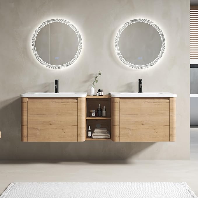 Goujxcy 68 Inch Bathroom Vanity with Sink Combo Modern Floating Vanity Cabinet with Ceramic Vessel Sink and Storage Shelves, Soft Closing Door Design (Imitative Oak)