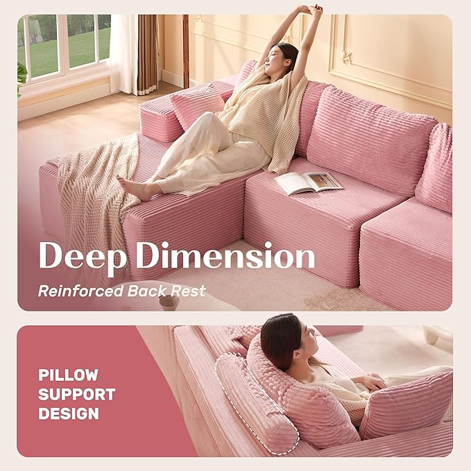 107" Boneless Couch with Deep Seat, Modular Sectional Sofa, Cloud Sectional Couch for Living Room, No Assembly Required, Corduroy, U-Shape 3 Seater Left, Pink