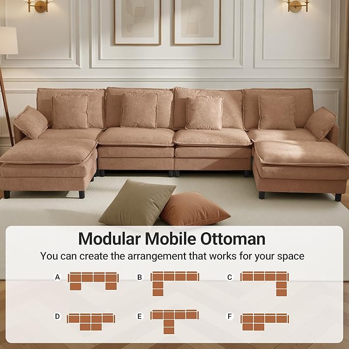 Claiks 148" Modular Sectional Sofa, Cloud Couch with Ottoman, U-Shaped 6-Seater Sofa in Chenille Fabric, Deep Seat Comfy Couch with Pillows for Living Room & Offices, Khaki