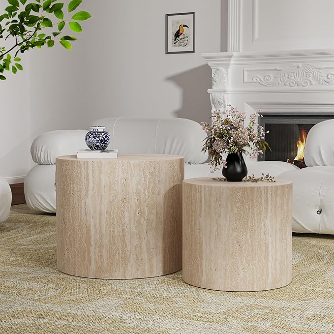 Nesting Coffee Table Set of 2, Modern Round Coffee Table with Non-Slip Feet, Wooden Circle Accent Tables for Small Spaces Living Room Bedroom Balcony Office Drum Side Table (C Travertine)