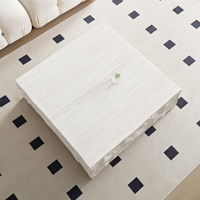 Square Coffee Table, 35.43" Imitation Stone Coffee Table Fiberglass Side Accent End Unique Center Table for Living Room Bedroom Apartment Office, Beige
