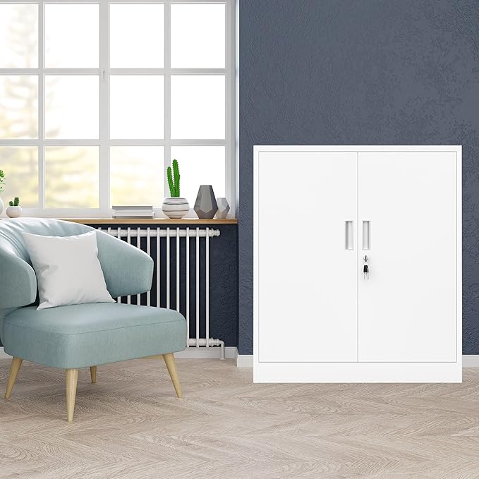 Metal Storage Cabinet with Locking Doors and 2 Adjustable Shelves, Small Lockable Storage Cabinet for Home Office Garage (White)