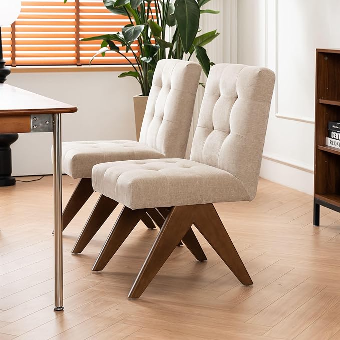 Rowill Modern Upholstered Dining Chairs Parsons Chair Linen Fabric Kitchen Chairs Tufted Armless Dining Room Chairs with Wood Legs Set of 6, Khaki