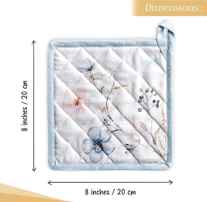 Maison d' Hermine Pot Holders Set 100% Cotton Heat Resistant Potholders 8" x 8" Hot Pads with Loop for Thanksgiving Christmas Decorations BBQ Cooking Baking Handling Hot Pans (Pack of 2, Ice Florals)
