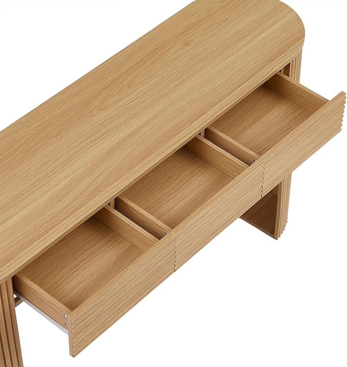 Merax Modern Retro Entryway Table, Rounded Console Table with3 Drawers and Open Hidden Storage for Living Room, Hallway and Office, Nature