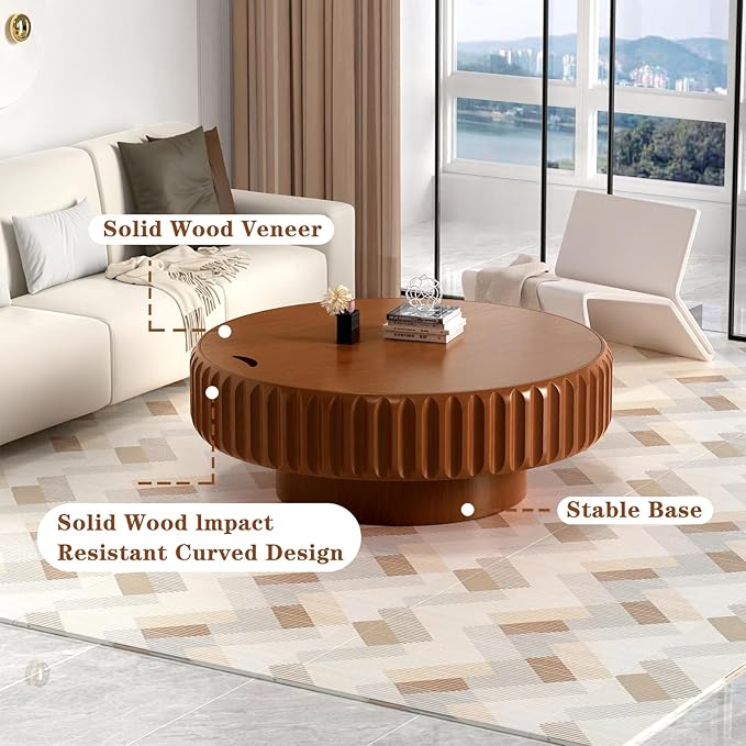 31.5in Drum Coffee Table with Storage Modern Unique Fluted Tea Table Contemporary Round Coffee Table with Fluted Center Table for Small Space Apartment (31.5in)
