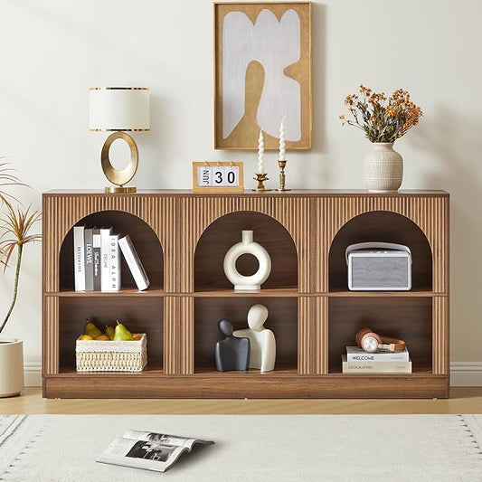 Console Table with 3-Tier Open Storage, 63" Arched Entryway Table with Carved Fluted Panels, Rectangular Wooden Sofa Table for Living Room, Hallway, or Behind Couch (1, Walnut)