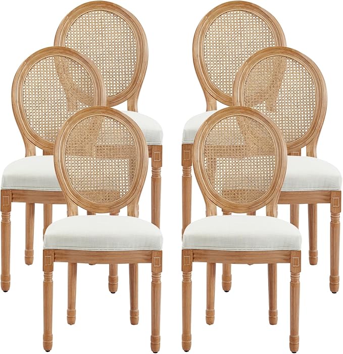 Nrizc Farmhouse Fabric Dining Room Chairs Set of 6, French Chairs with Round Back, Rattan Dining Chair, Oval Side Chair for Dining Room/Kitchen/Restaurant