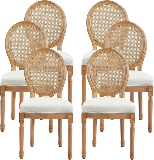 Nrizc Farmhouse Fabric Dining Room Chairs Set of 6, French Chairs with Round Back, Rattan Dining Chair, Oval Side Chair for Dining Room/Kitchen/Restaurant