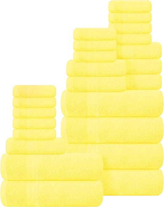 BOUTIQUO 24 Pack Cotton Towel Set, Contains 6 Bath Towels 27x54 inch, 6 Hand Towels 16x24 inch & 12 Wash Coths 12x12 inch, Ideal Everyday use, Ultra Soft Compact & Lightweight - Lime Yellow