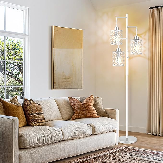 【Upgraded】72" Tall Dimmable Floor Lamp, Modern Standing Lamp with Elegant Metal Cage, Industrial Tree Floor Lamps for Living Room, Bedroom, Study Room, Office (3 x 800LM LED Bulbs Included) - Silver