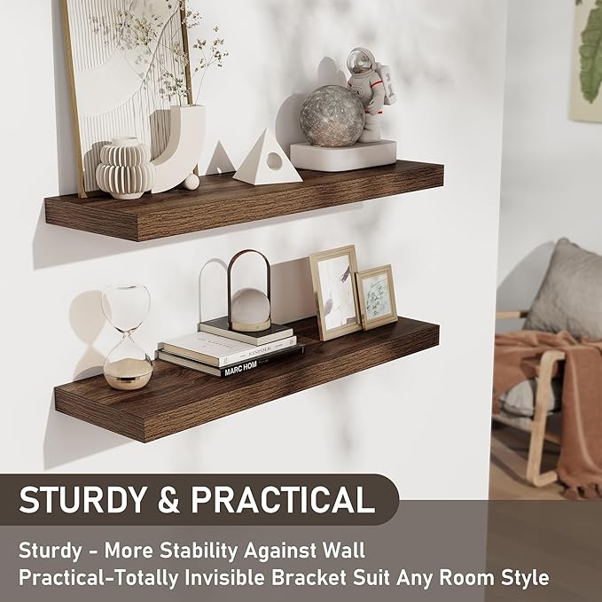 Fun Memories Floating Shelves for Wall, 32W x 8D Floating Wall Shelves with Invisible Brackets Set of 2, Hanging Rustic Wood Shelf Decoration for Bedroom, Bathroom, Living Room and Kitchen, Walnut