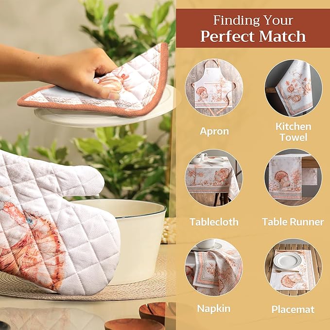 Maison d' Hermine Oven Gloves 100% Cotton Oven Mitt 7" x 13" with Loop Heat Resistant BBQ Cooking Gloves for Thanksgiving Christmas Decorations Baking Handling Hot Pans (Pack of 1, Giving Thanks)