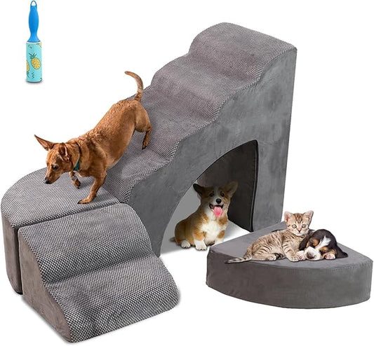 30D Foam Dog Stairs & Steps Ramps for High Beds 26-30 inches Tall, Sturdy Pet Stairs for Small Cats, LitaiL 6 Steps Pet Stairs Steps for Dog Get On Bed, Non-Slip Dogs Ramps for Older Cat