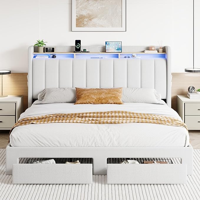 SHA CERLIN Velvet King Size Bed Frame with Vertical Channel Tufted Wingback Headboard & 2 Storage Drawers/2-Tier Shelves with LED Lights & Charging Station/Noise-Free/No Box Spring Needed/White