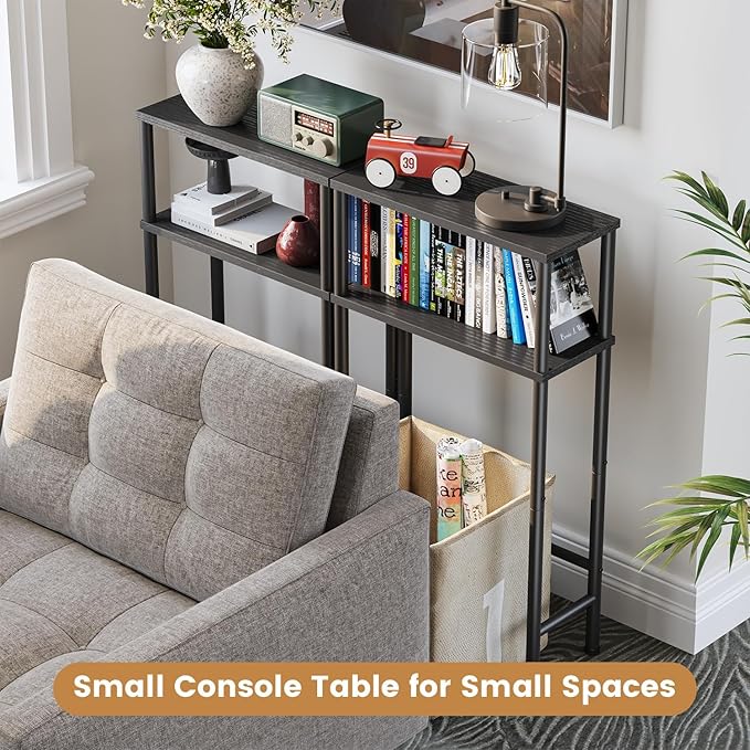 Narrow Console Table Set of 2, Small Entryway Table, 2-Tier Sofa Table with Storage, Skinny Console Tables for Entryway, Hallway, Bedroom, Living Room, Foyer, Black