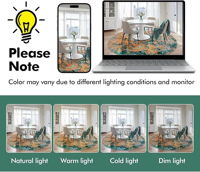 6ft Round Area Rug for Living Room- 6x6 Washable Neutral Abstract Rug for Bedroom Modern Soft Dining Room Rug No Slip Low Pile Carpet for Nursery Home Office Decor - Teal/Orange