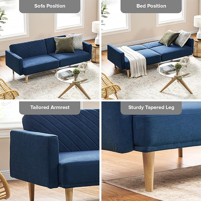 mopio 76.4" Futon Sofa Bed, Couch, Loveseat, Sleeper Sofa, Mid Century Modern Futon Couch, Sofa Cama, Couches for Living Room (Classic Blue Velvet)