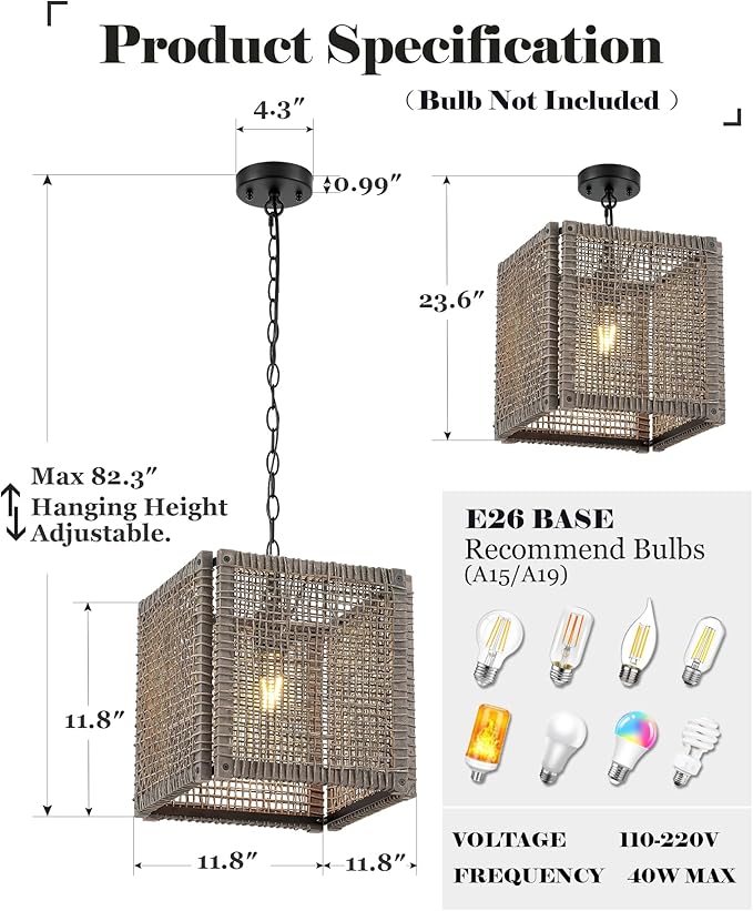 ELYONA Farmhouse Rattan Chandelier 12" Handwoven Pendant Light Fixtures with Gray Square Solid Wood Frame, Adjustable Hanging Lamp for Kitchen Island, Dining Room, Living Room, Bedroom, Bar, Hallway