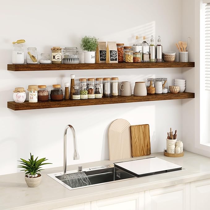 Fun Memories 72Inch Floating Shelves,Wall Mounted Rustic Wood Floating Shelf with Invisible Brackets for Storage & Decor,2 Pack Shelves for Bathroom,Bedroom and Kitchen,Brown