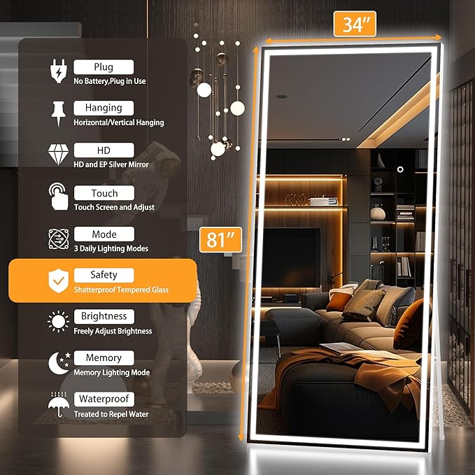 Hasipu Full Length Mirror with Lights, 81" x 34" LED Lighted Floor Standing Mirror, Full Body Dressing Hanging Mounted Mirrors, Dimmable, Tempered Glass, Safe to Use, Square White