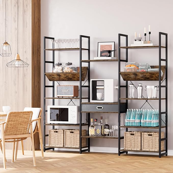 NUMENN Bookcases and Bookshelves Triple Wide 5 Tier Bookshelf, Large Etagere Bookshelf with Storage Drawer, Adjustable Open Display Shelves for Living Room Bedroom Home Office, Vintage Brown