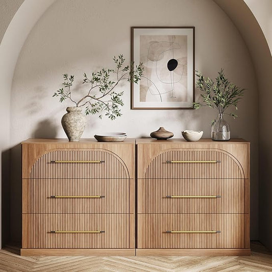 BELLEZE Set of 2 Fluted Modular Sideboard Cabinet, Classic Modern Buffet Cabinet with 3 Drawers, Accent Credenza Storage Cabinet for Dining Room Living Room Entryway (Camel)